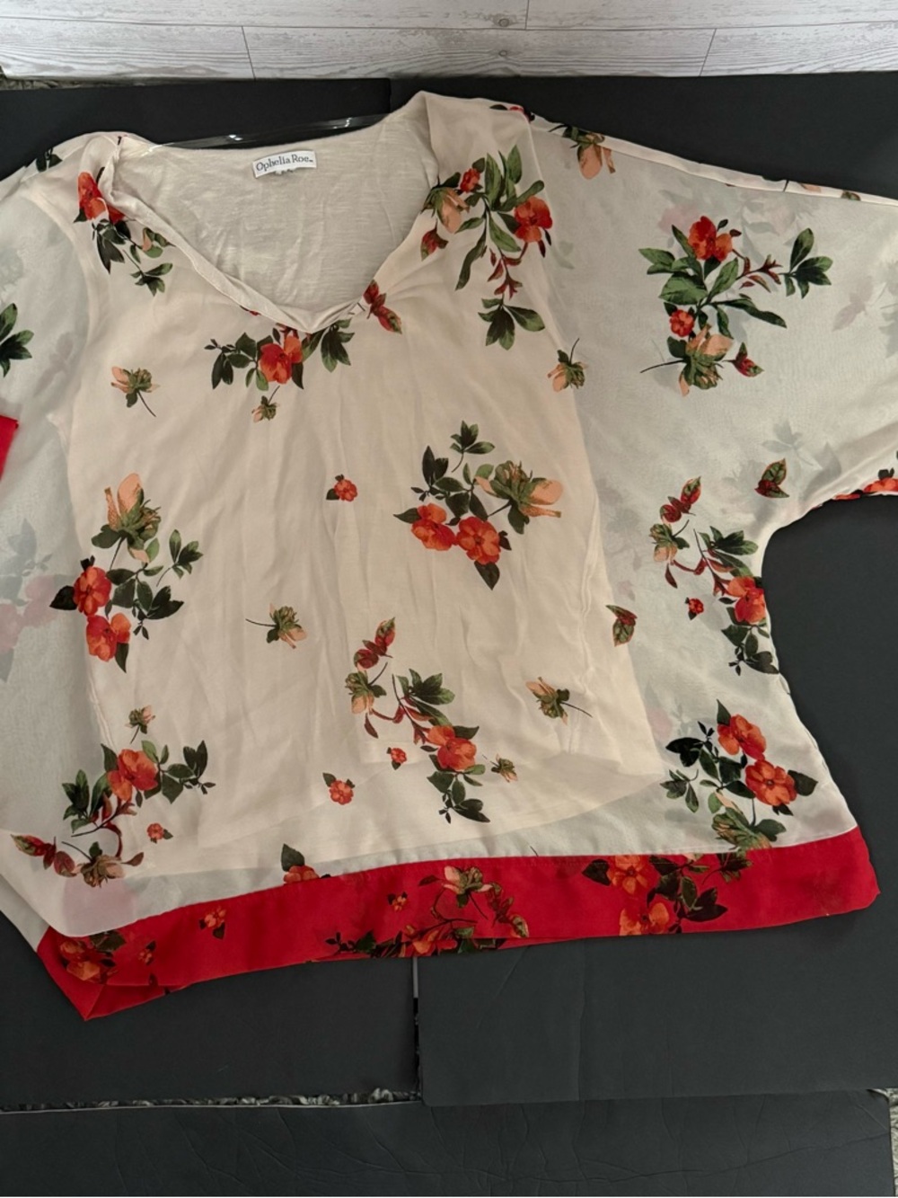Cream Floral V-Neck Chiffon Top with Red Trim